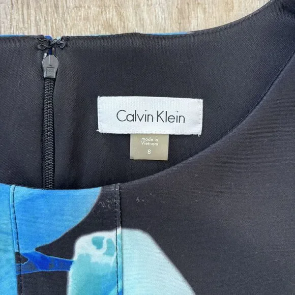 Calvin Klein Blue Black Sleeveless Floral Fit & Flare Cocktail Dress Sz 8 Spring - Picture 4 of 11